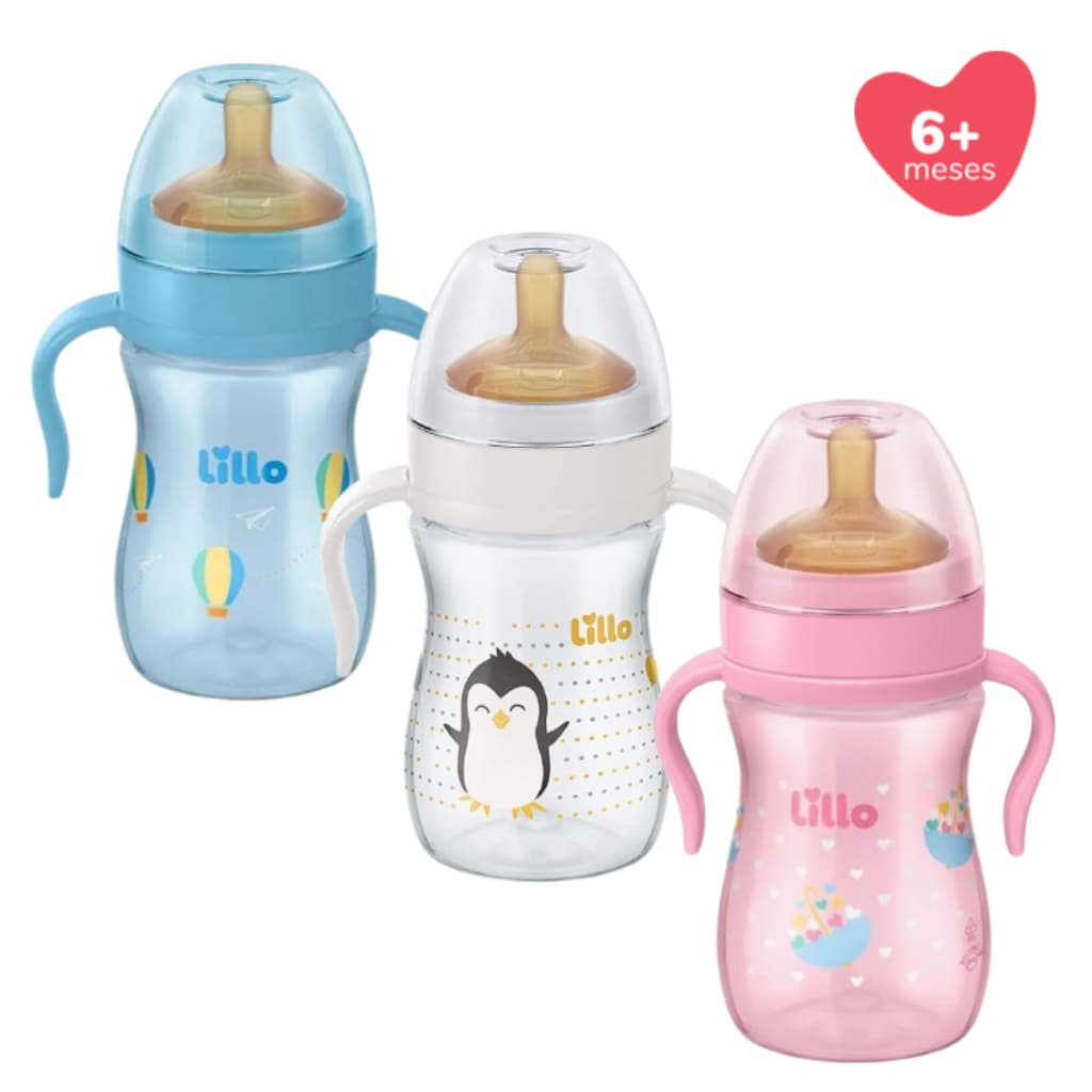 Mamadeira Lillo Evolution 240 mL com Alça Bico Látex e Bico Silicone Válvula de Respiro Antivazamento +6 Meses