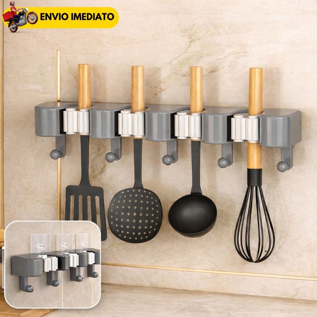 Suporte Multiuso Adesivo para Utensílios e Vassoura Organizador de Cozinha e Lavanderia Sem Furo Porta Talheres