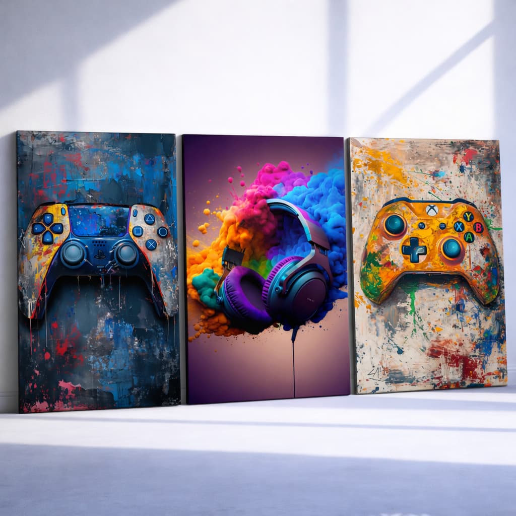Quadros decorativos games fone controle para quarto gamer Jogos Video Games Setup kit 3 peças 4k