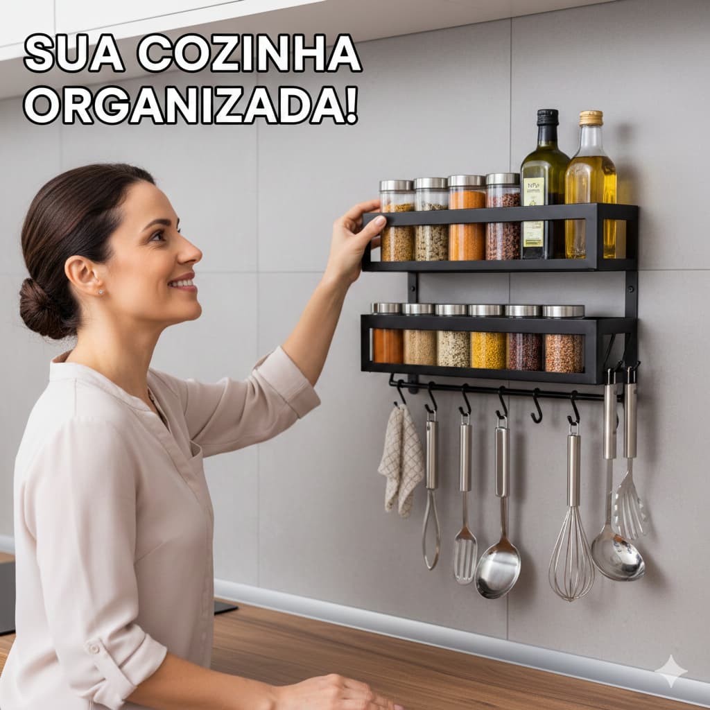 Organizador de Parede Multiuso Cozinha | Porta Temperos Condimentos Utensílios Preto C/ Potes | Otimiza Espaço