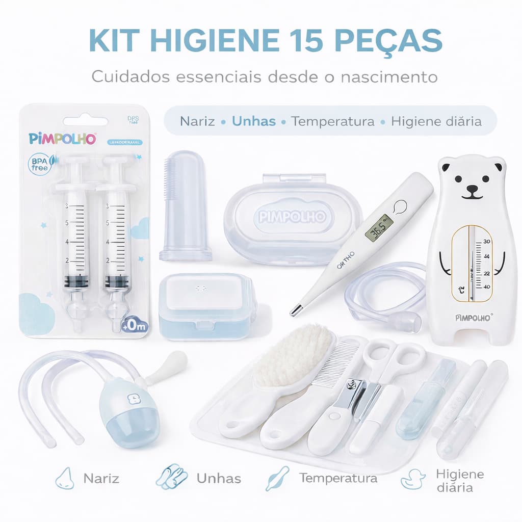 Enxoval Bebê Kit Higiene Completo 15 Peças Pimpolho e Buba Neutro
