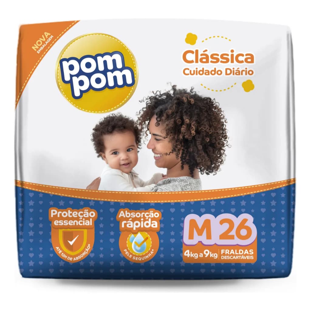 Fralda Descartável Infantil Pom Pom Clássica M Pacote 26 Unidades
