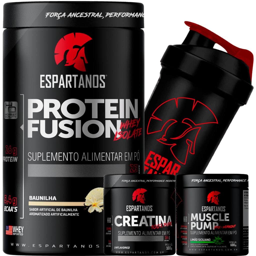KIT Whey Protein Fusion + Creatina + Pré Treino, Shaker - ESPARTANOS
