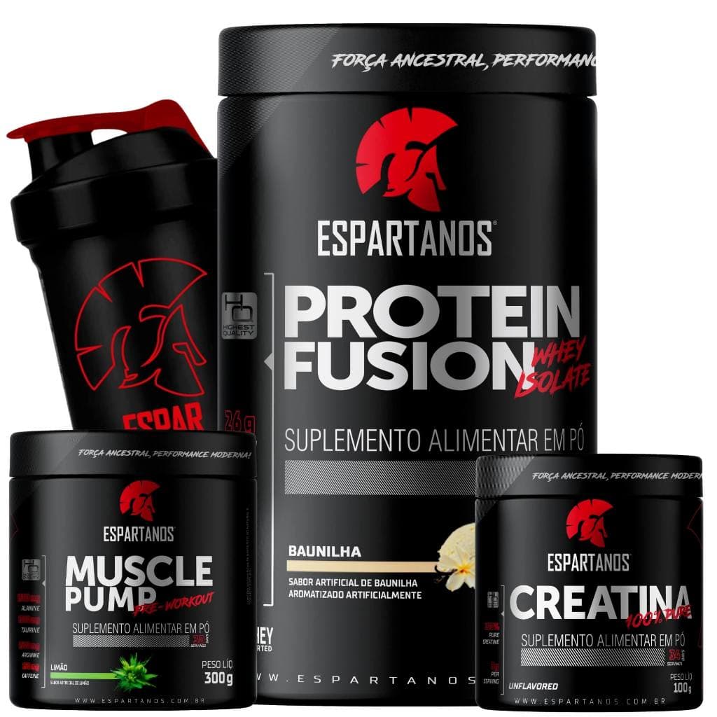 Kit Whey Fusion Protein + Pré-Treino + Creatina + Shaker - Espartanos