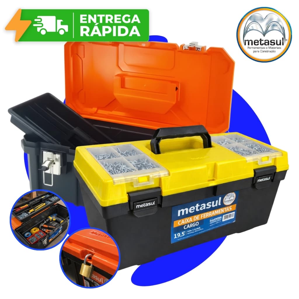 Maleta Caixa de Ferramentas Com Tampa Organizadora Cargo 19.5" Metasul Multiuso Reforçada com Bandeja Extra