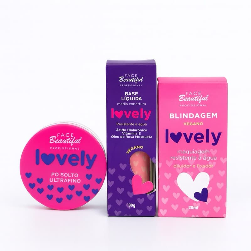 "Kit Maquiagem" Base Líquida + Pó + Fixador Blindagem Lovely Face Beautiful Alta  Cobertura Longa Duração Efeito Matte