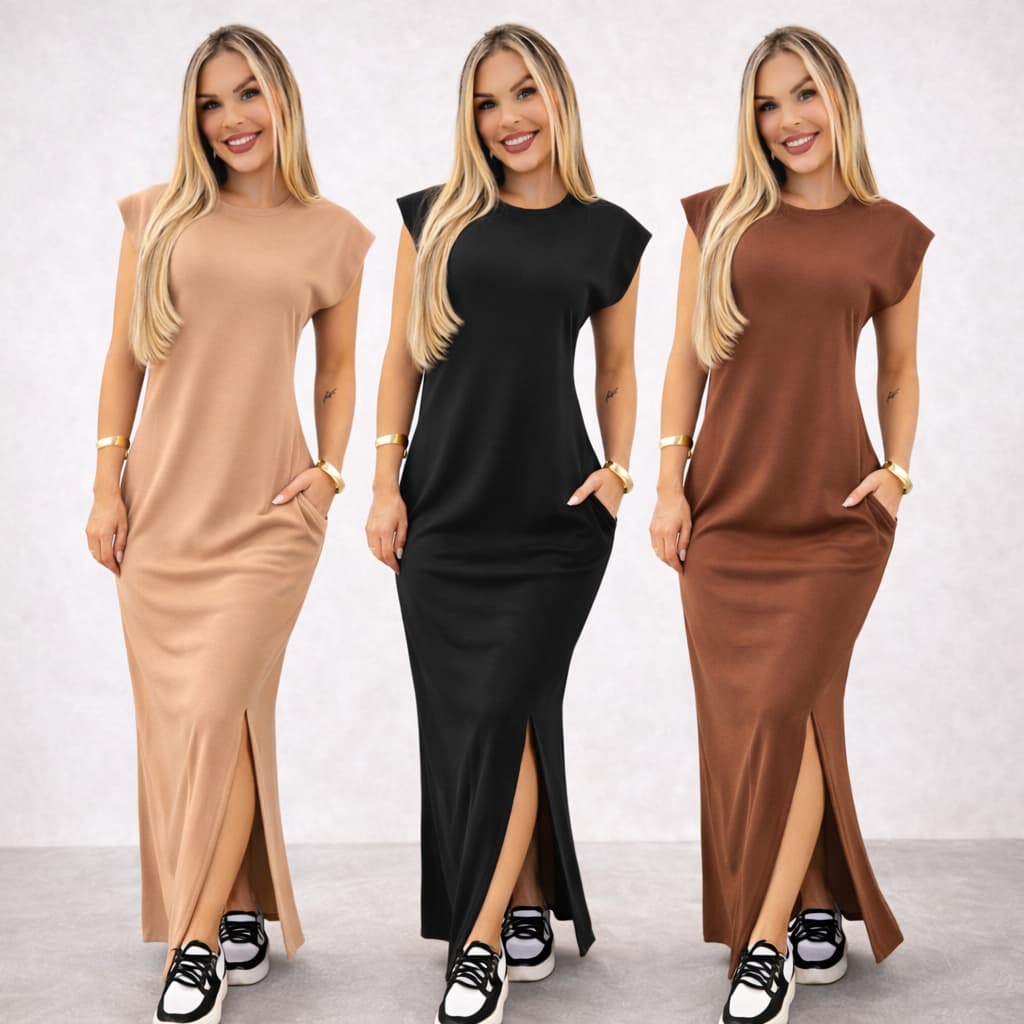 Vestido longo casual basico feminino ribana canelada manga muscle moda gringa preto marrom plus size