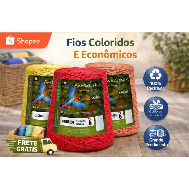 Barbante Amazônia Nº6 400g 100% Algodão Para Crochê e Tapetes São João