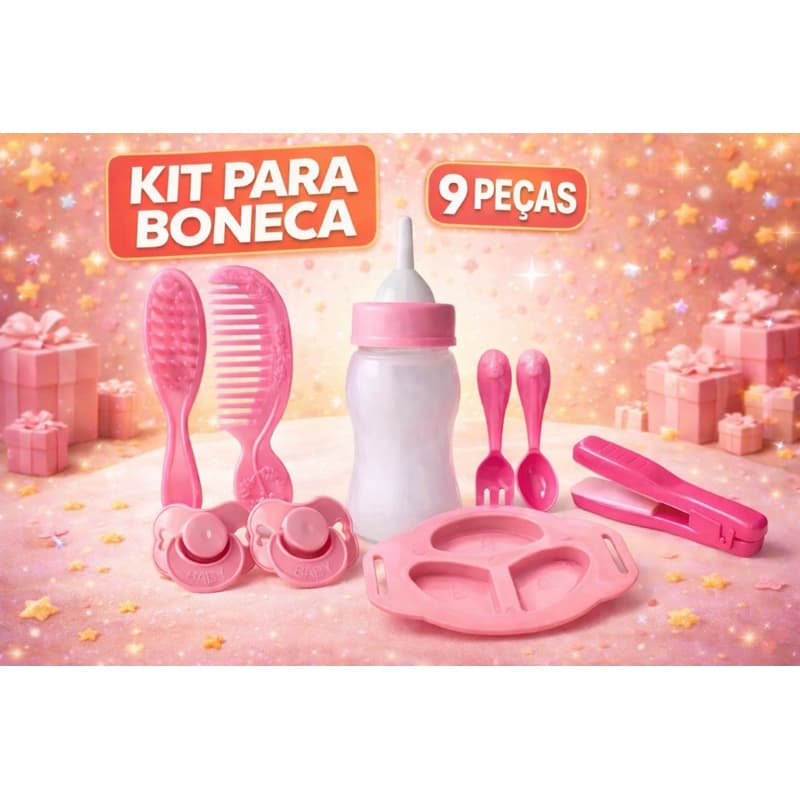 Kit Acessórios para Boneca Bebê Rosa 9 Itens | Mamadeira, Chupetas, Prato e Pente | Brinquedo Infantil