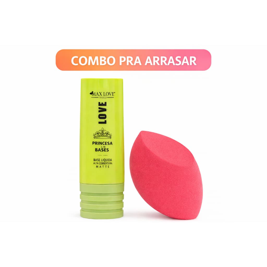 KIT BASE LÍQUIDA ALTA COBERTURA PRINCESA MAX LOVE + ESPONJA DE MAQUIAGEM CHANFRADA