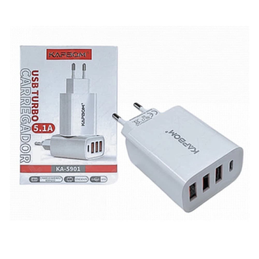 Carregador Turbo Kapbom 3 Saídas + Cabo iPhone 3.0A – Rápido, Bivolt, Compatível iPhone e Android Carregador Turbo 5.1A#