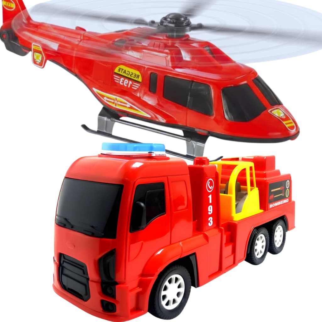 Kit Bombeiro Caminhão Com Escada Helicóptero Brinquedos Infantil Realista Presente Carrinhos Meninos