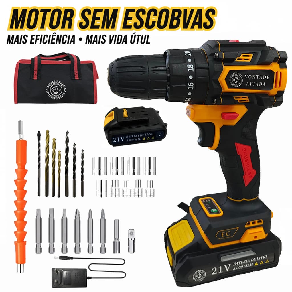 Parafusadeira Furadeira De Impacto 21v 3 Em 1,Furadeira Sem Fio , 2 Baterias,Com kit de ferramentas e todos os acessório