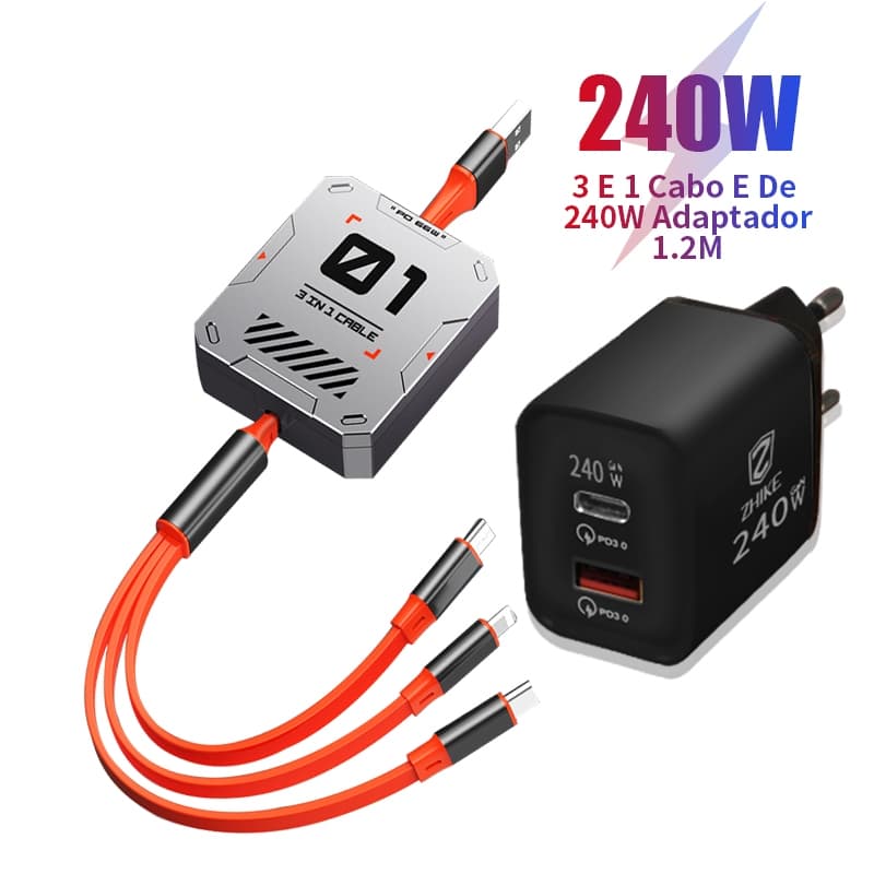 Cabo Celular Carregador Carregamento Rápido 3 em 1 USB-A Tipo C V8 1,2M Retrátil Cabo Charger Cable