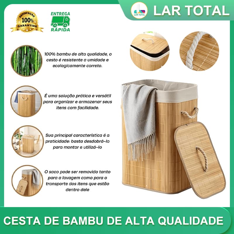 Cesto De Roupa Suja Bambu Dobravel Organizador Forrado Banheiro 30×40×50cm Grande Cesto Retangular