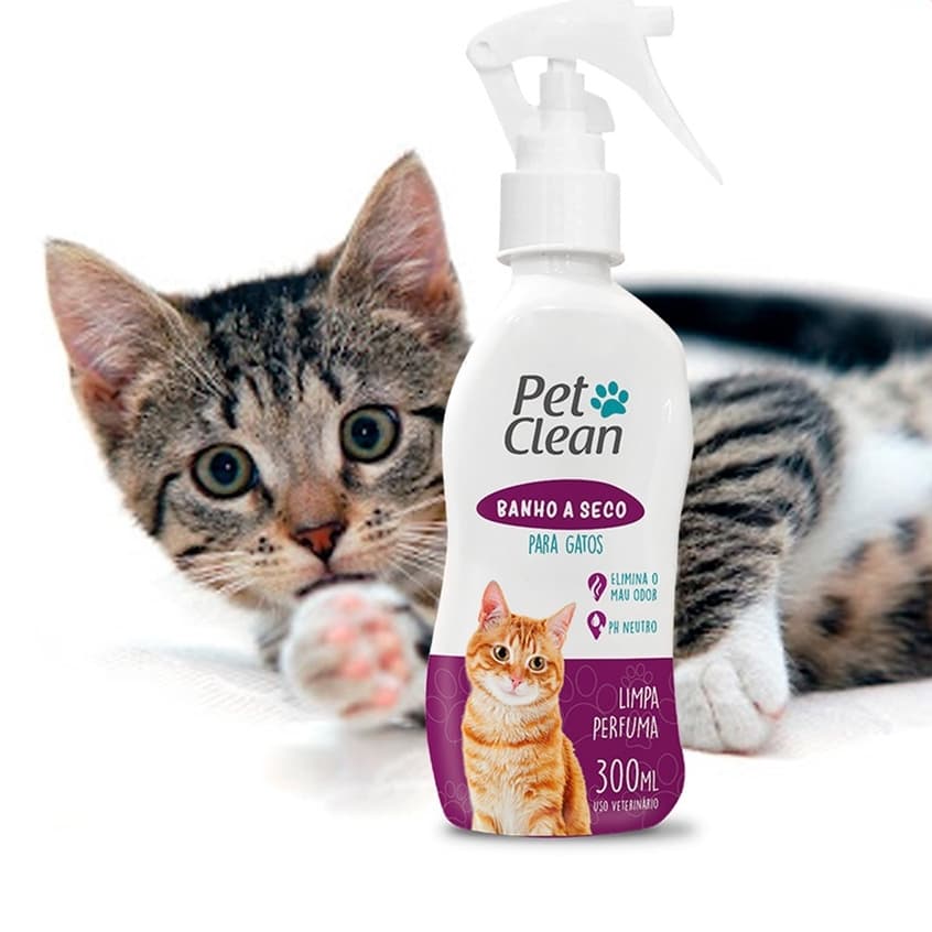 Shampoo Banho a Seco Para Gatos Pet Clean 300ml PH Neutro Limpa Perfuma Spray Higiene Felina