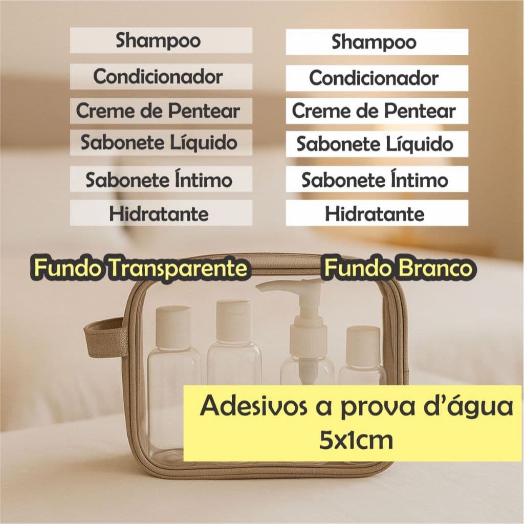 Adesivo Lavável itens necessaire Shampoo, Condicionador,Creme de pentear,Sabonete íntimo, Sabonete Liquido, Hidratante