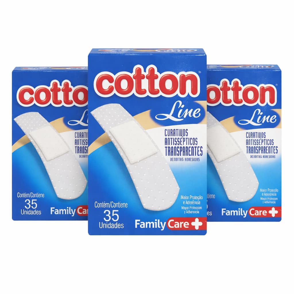 Kit 3 Caixas Band-Aid Family Care Cotton Line Curativos Flexíveis para Uso Diário Bege Transparente