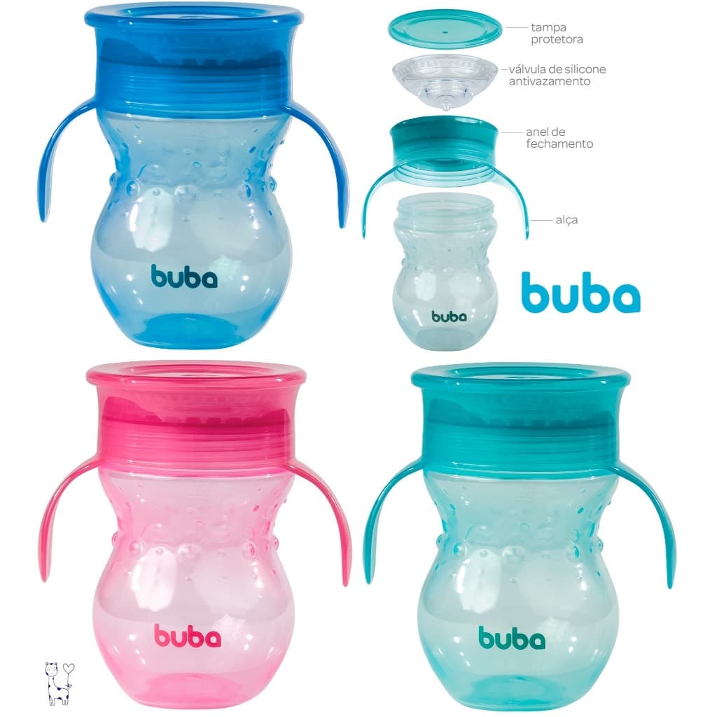 Copo Treinamento 360° Buba 270ml Antivazamento Com Alça Bico de Silicone Transição Mamadeira, Fácil de Limpar