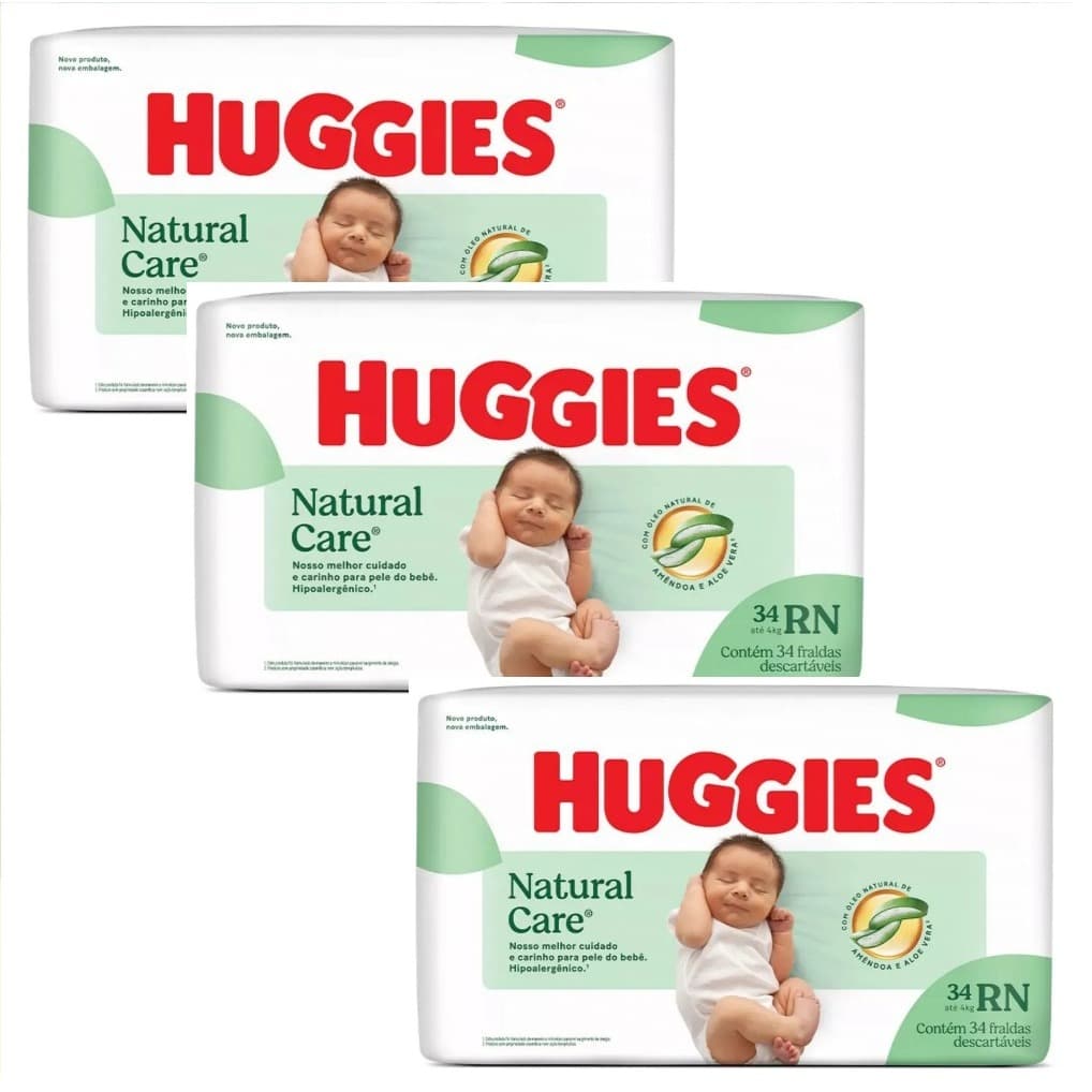 Kit 3 Fraldas Huggies Natural Care RN – 34 Un Cada