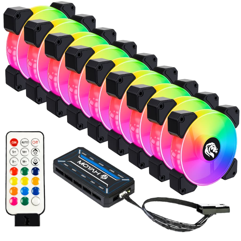 Kit 9 Fans Cooler Ventoinhas Pc Gabinete Gamer | Hayom Rgb C/ Controladora Hub Gamer Preto – FC1306