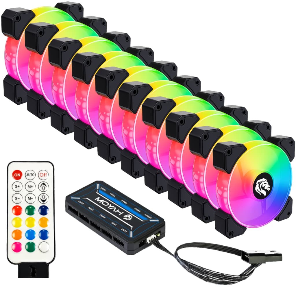 Kit 10 Fans Cooler Ventoinhas Pc Gabinete Gamer | Hayom Rgb C/ Controladora Hub Gamer Preto – FC1306