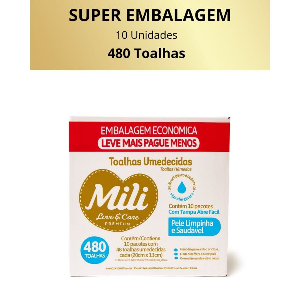 Caixa com 480 Toalhas Umedecidas Mili love e Care Premium Nova Embalagem, Mesma Fórmula
