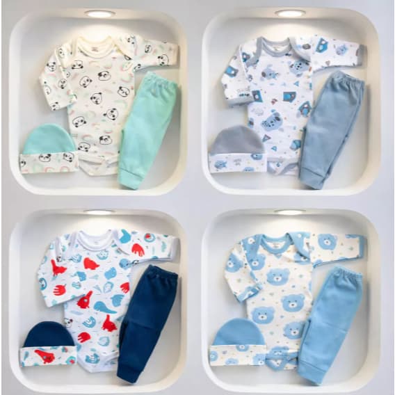 Kit Bebê 3 Peças Bebê Menino Body Calça Longa Touca Presente Enxoval Bebê