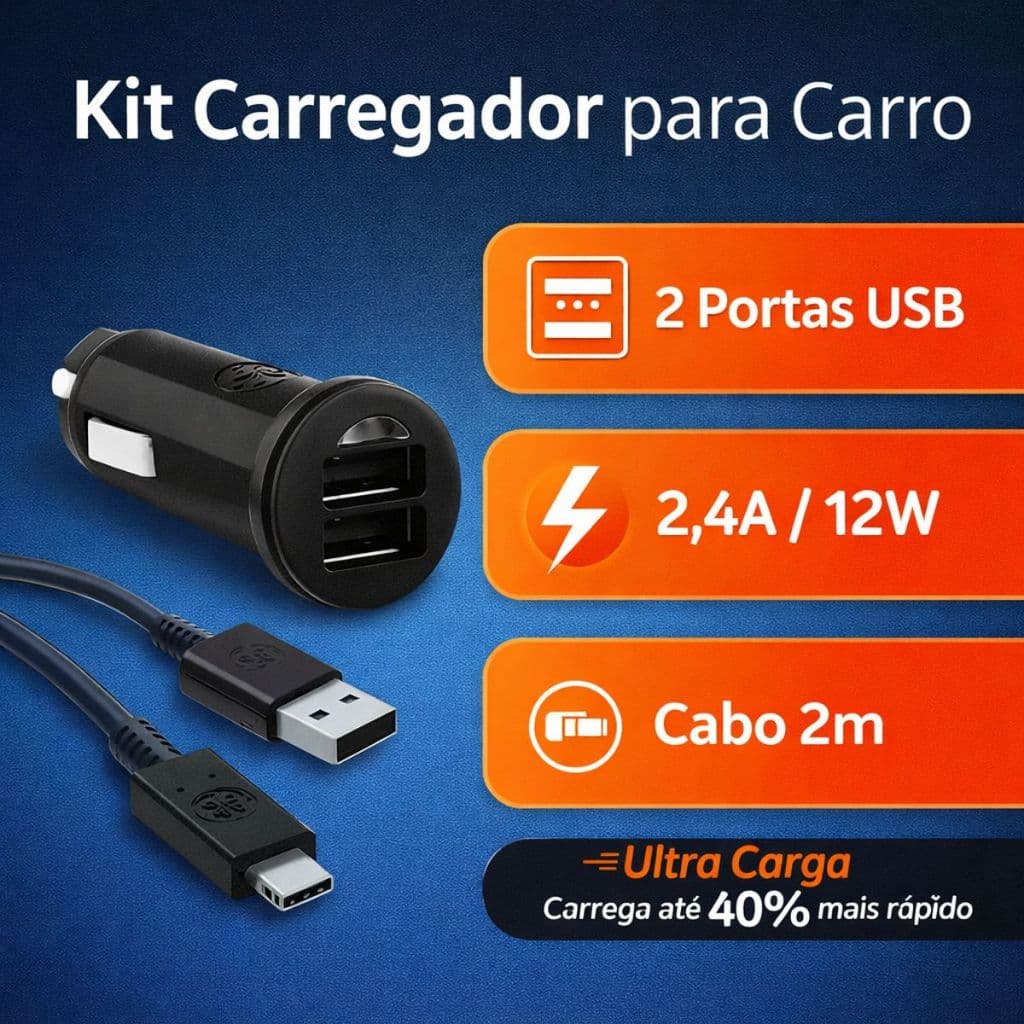 Kit Carregador Veicular 2 Portas USB 2.4A 12W + Cabo USB-C 2m para Carro