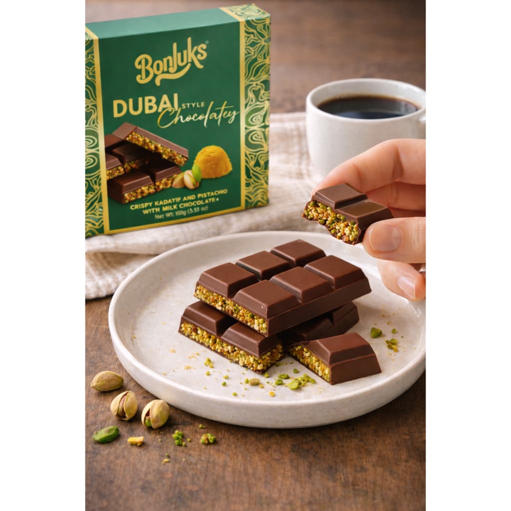 Chocolate ao Leite com Recheio de Pistache e kadayif crocante Dubai Style100g Importado Turquia