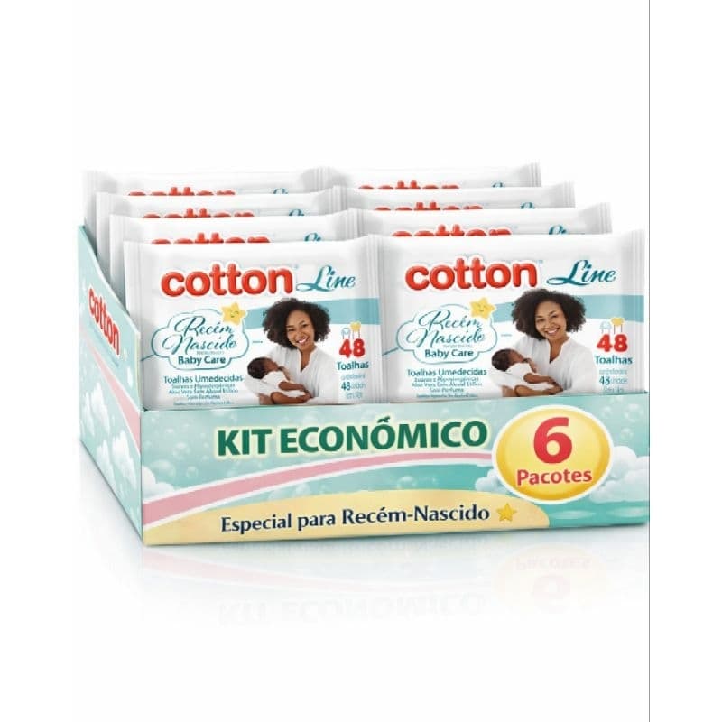 Kit Lenço Umedecido Cotton Line Recém-Nascido Baby Care 48 Toalhas – Caixa com 6 Pacotes | Sem Álcool e Sem Perfume