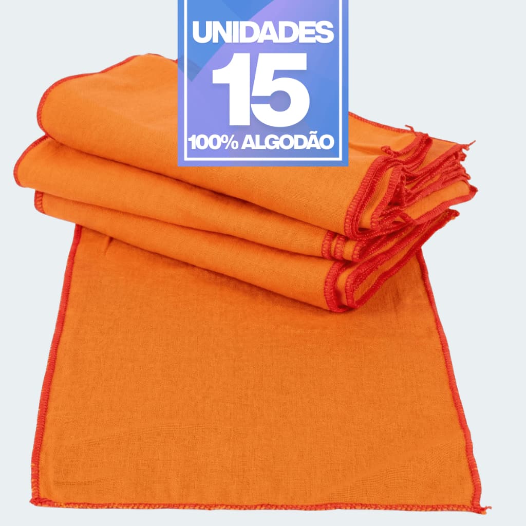 Kit 15 Flanelas de Limpeza Laranja 38x28cm Algodão | Cantos com Overloque | Multiuso p/ Casa e Carro
