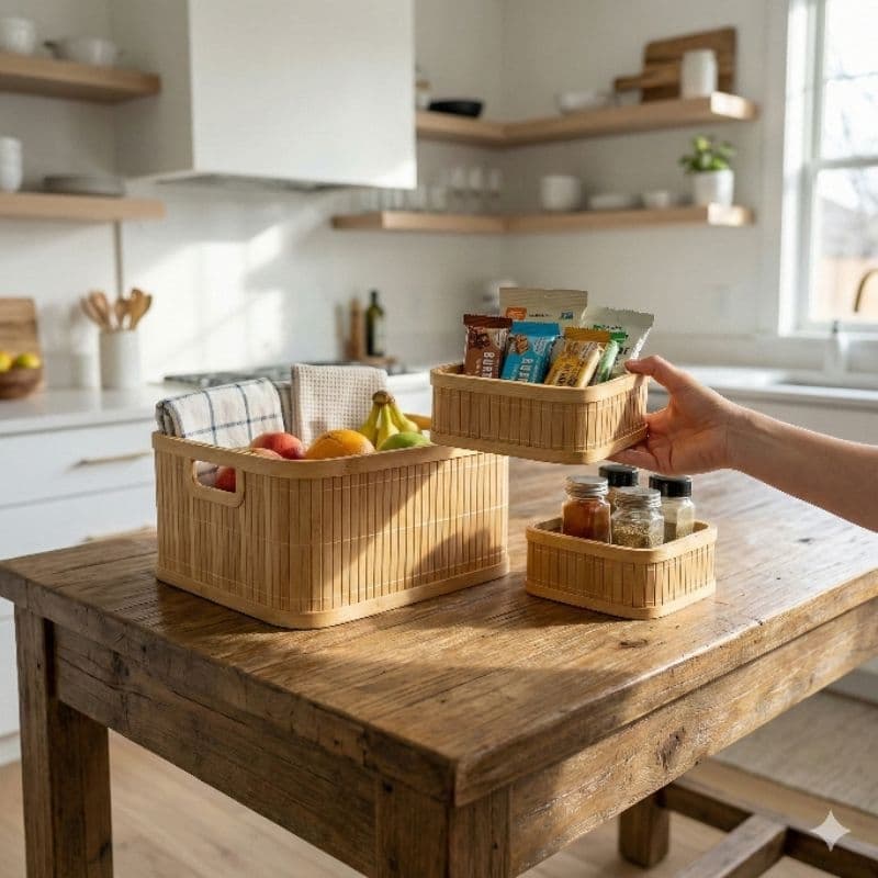 Kit 3 Cestos Organizador Bambu Natural Caixa Organizadora Multiuso Decorativo Closet Banheiro Maquiagem Bebê