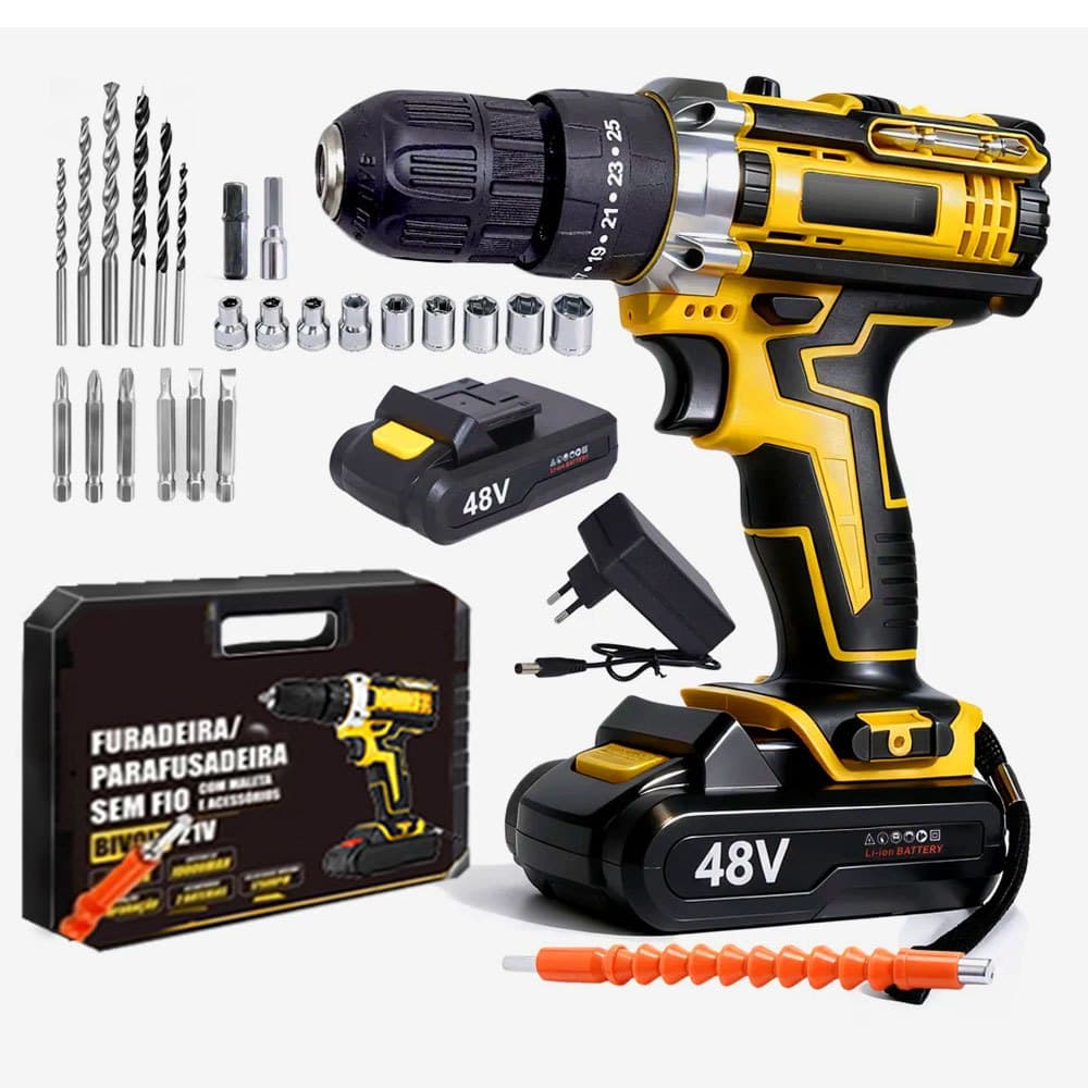 Parafusadeira e Furadeira de Impacto 48V Sem Fio-Kit Completo com 2 Baterias Recarregáveis e Maleta
