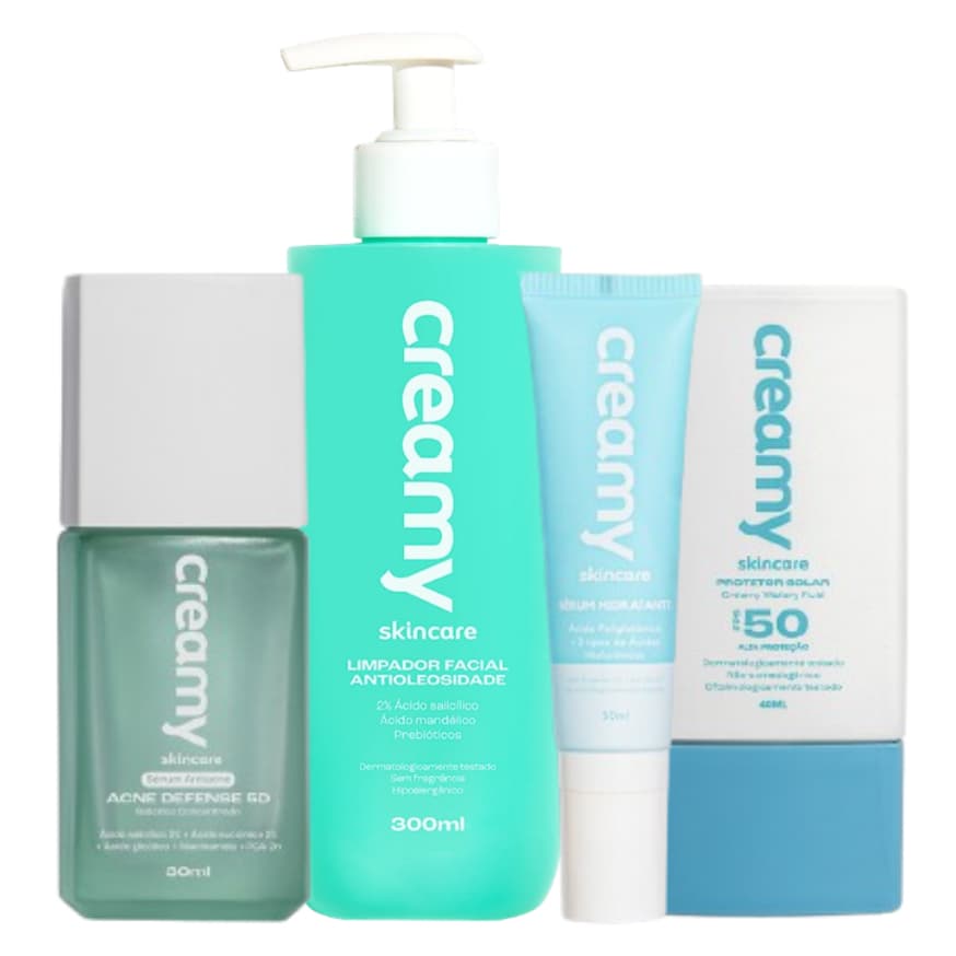 Kit Rotina Básica Antioleosidade - Limpador Antioleosidade + Acne Defense + Sérum Hidratante + Protetor Solar FPS50
