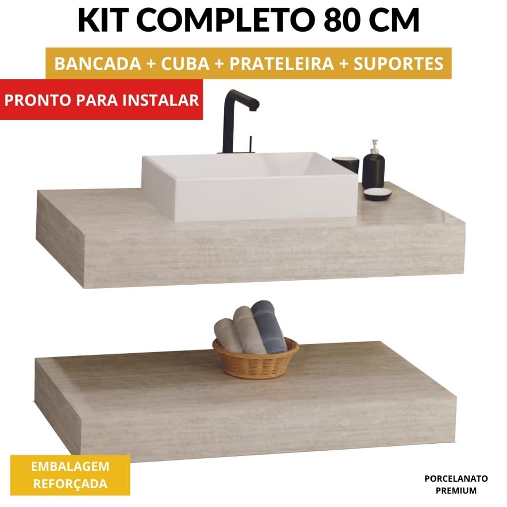 Pia Banheiro 80x40 Porcelanato Kit Completo com Cuba e Prateleira + Suportes para Instalação Elite Mellstone