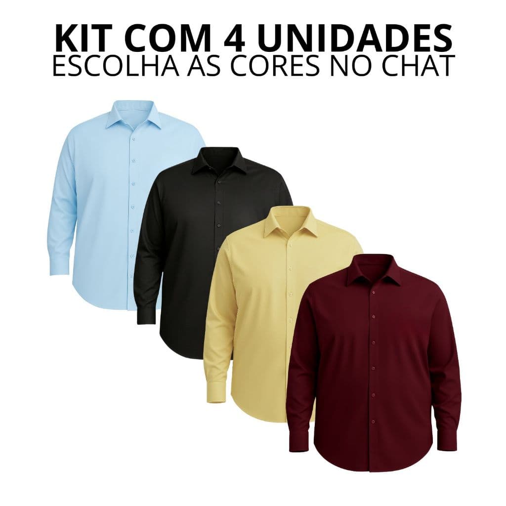 Kit 4 Camisa Social Manga Longa Masculina Slim Lisa Plus Size