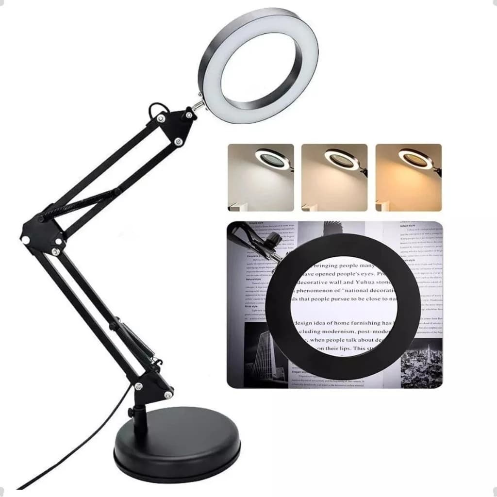 Luminária c/ Lupa Led Para Mesa 8x Profissional Estética Para Manicure ou Tatoo(Base redonda gratuita)