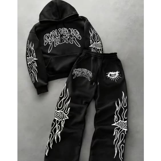 Conjunto de Moletom com Capuz e Calça Unissex Estilo Streetwear Gótico com Estampa Gráfica de Anjo