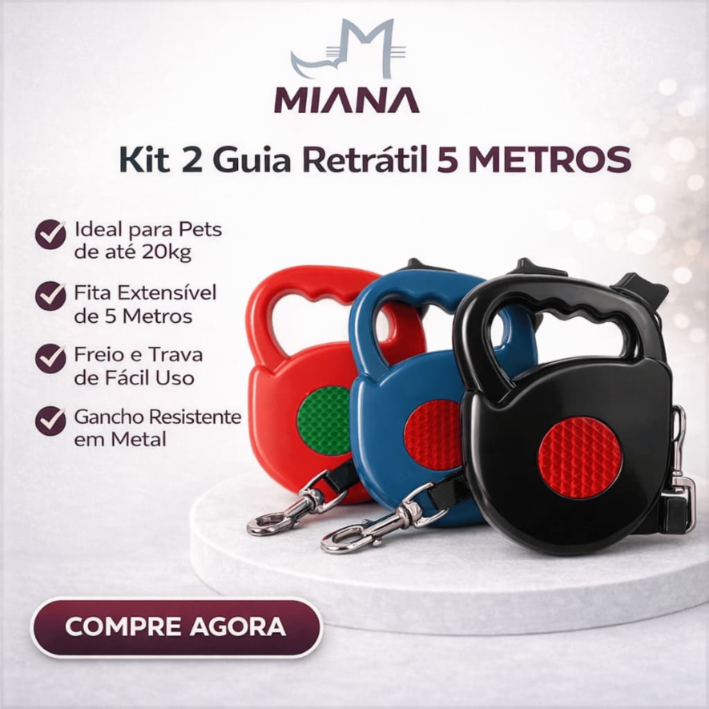 Kit 2 Guia Retrátil 5 METROS Para Cães Gatos Trava Segurança Passeio Conforto Resistente Ergonômica