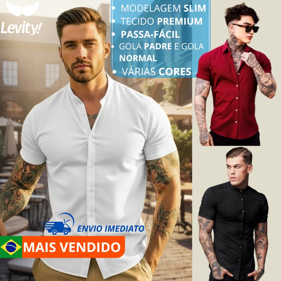 Camisa Social Masculina Gola Padre Manga Curta Slim Fit Linho e Viscose Tecido Premium