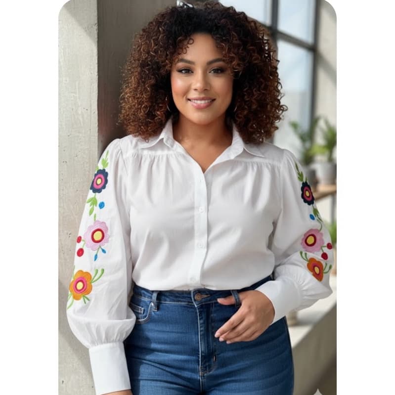camisa manga longa social bordado feminina slim e plus