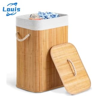 Louis Cesto De Roupa Suja Bambu 72 Litros Lavanderia Com Tampa e Alças Forrado Grande Organizador Banheiro