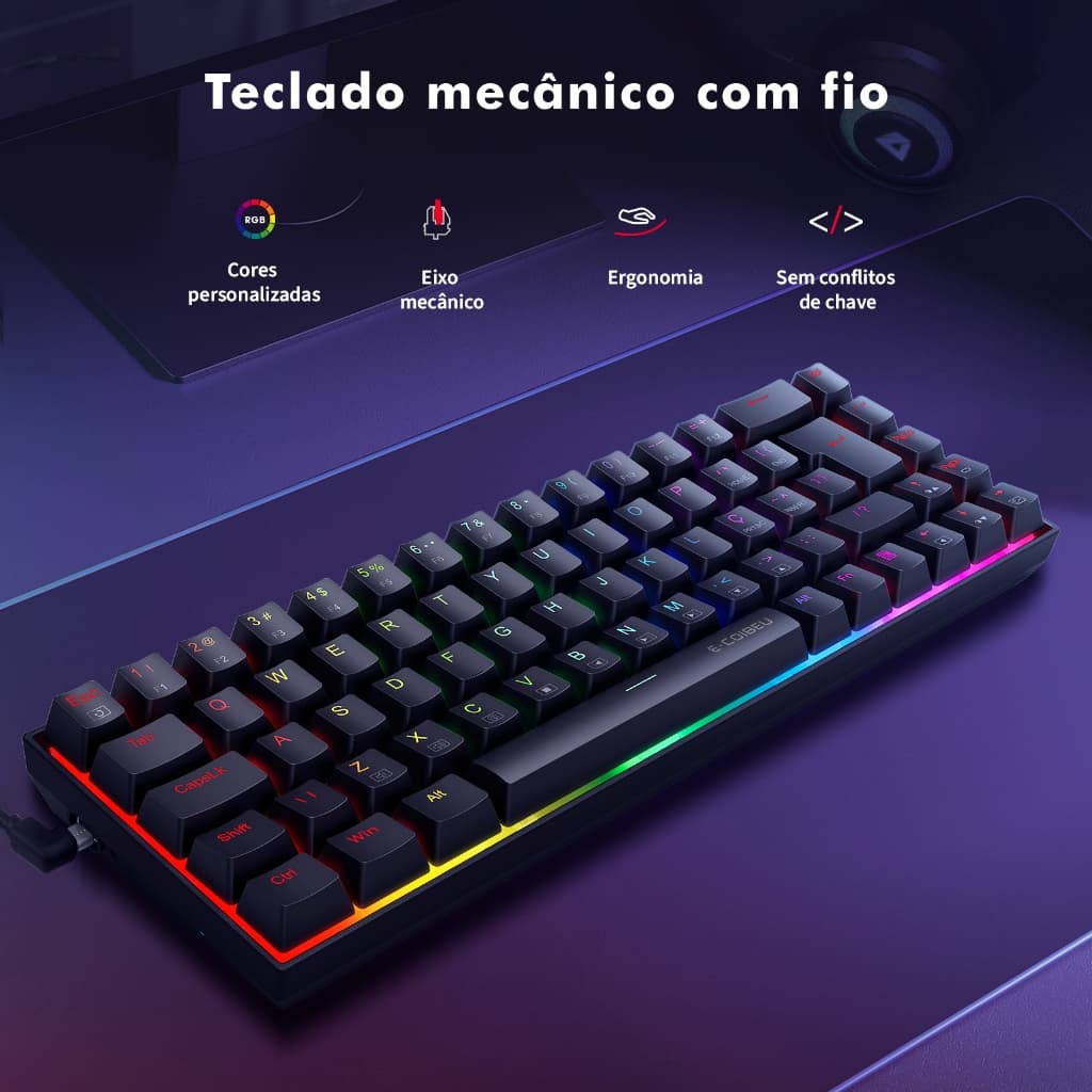 Teclado Mecânico Ergonomico Preto - RGB e Junta Portuguesa