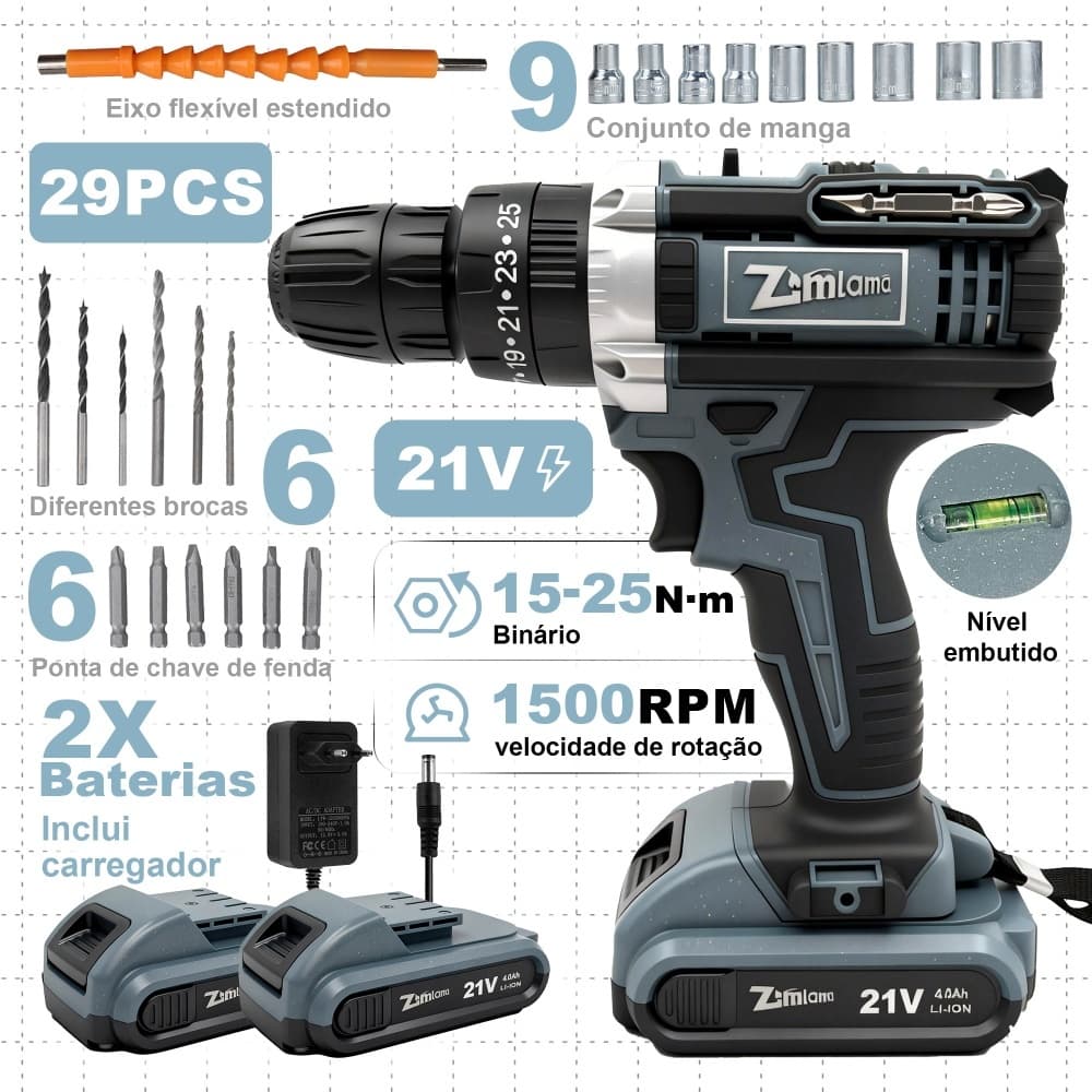 Furadeira Parafusadeira 21V Sem Fio Kit Completo 2 Baterias ZML-001 Impacto