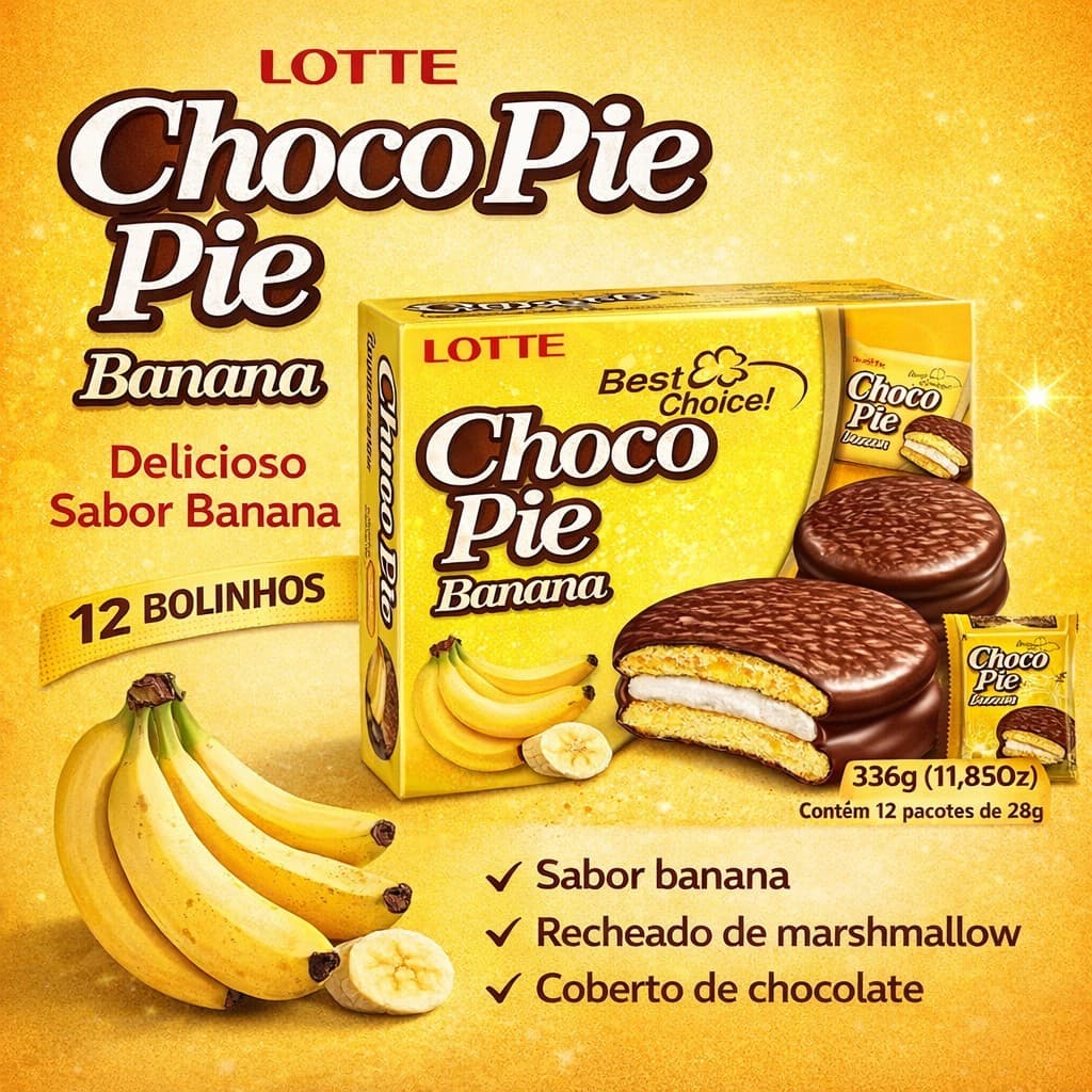 Choco Pie Banana Lotte Caixa c/12 Unidades Snack Coreano Importado Doramas