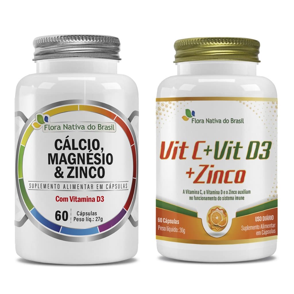 Kit CMZ - Cálcio, Magnésio, Zinco, Vitamina D3 60 Caps + Vitamina C, D e Zinco 60 Caps