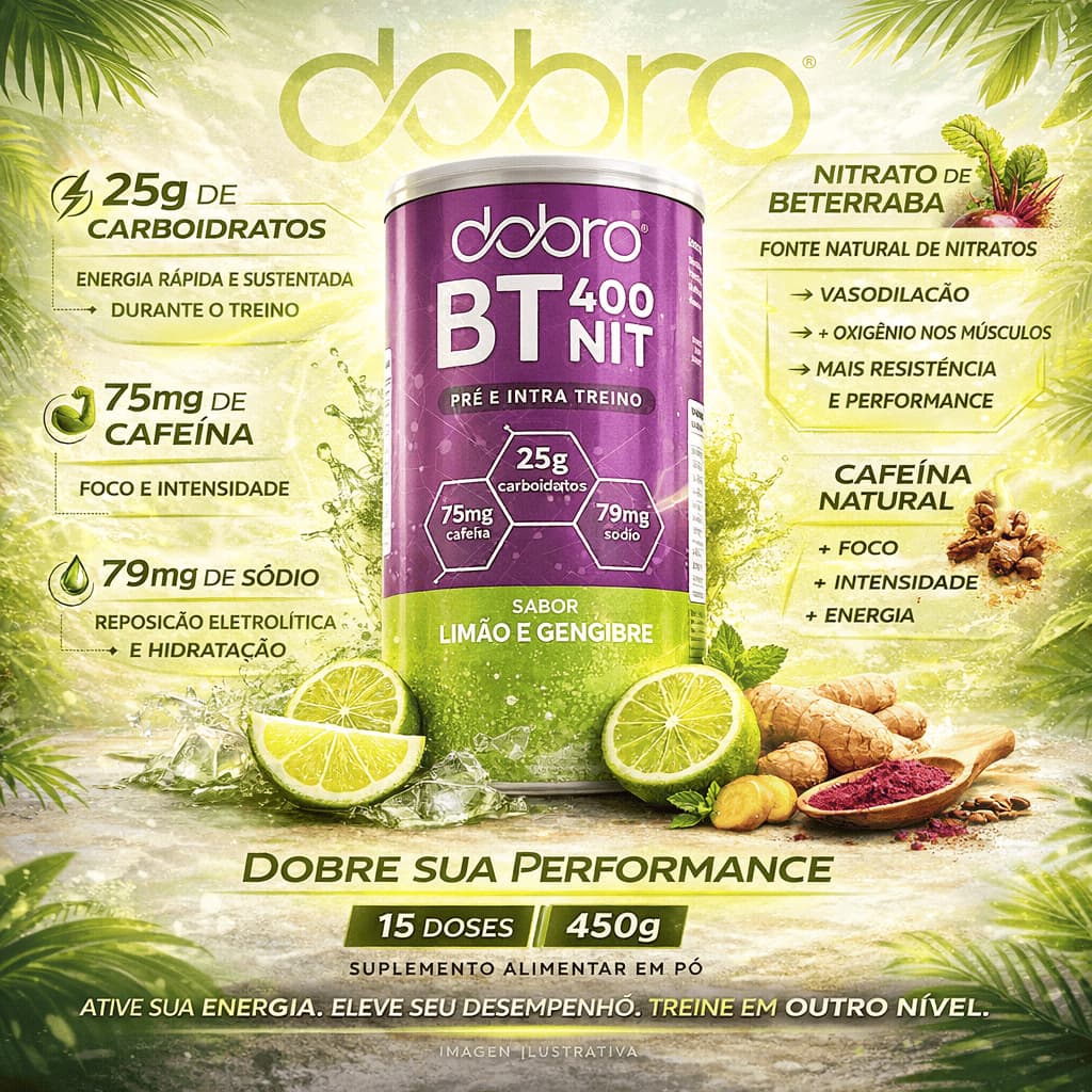 Nitrato de Beterraba Dobro Suplemento Energético Para Atletas Lata 450g Sabor Limão e Gengibre - Dobre Sua Performance