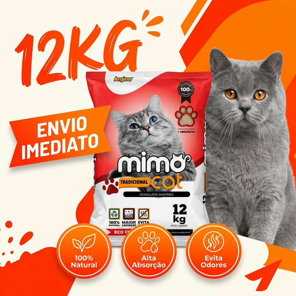 Pacotão 12KG Areia Sanitária Higiênica Argila Natural para Gatos Grãos Médios Tradicional Mimo Cat