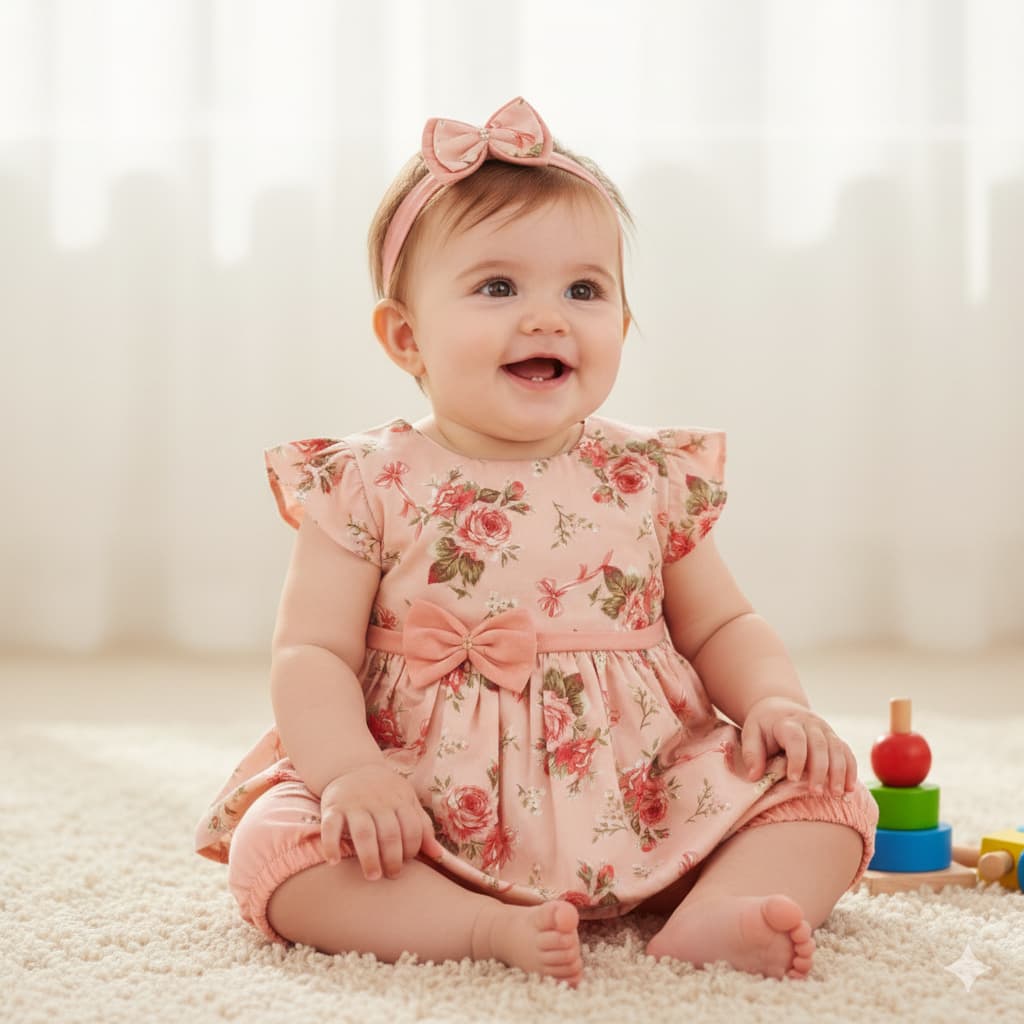 Conjunto Infantil Bebê Menina Floral Com Faixa de Cabelo 03 Peças Roupa de Bebê Menina